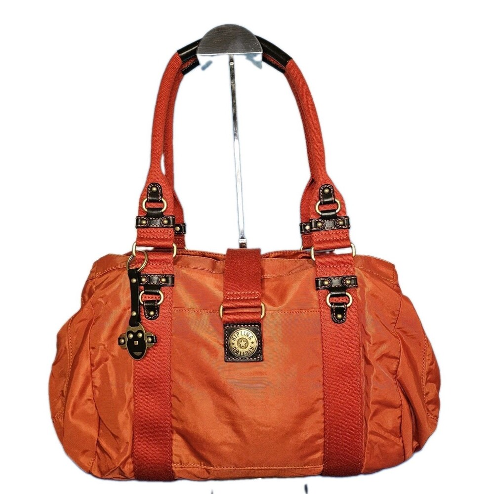 Y2k Kipling Orange Shoulder Bag with Monkey Charm; Very Cool Color Duffel Style